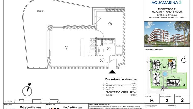 Rzut - Mieszkanie na sprzedaż 2 pokoje o powierzchni 39,77 m² - numer B3.04 w Aquamarina 3