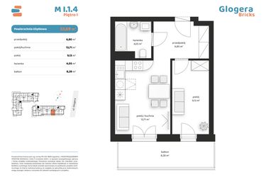Rzut - Mieszkanie na sprzedaż 2 pokoje o powierzchni 33,69 m² - numer M I.1.4 w Glogera Bricks