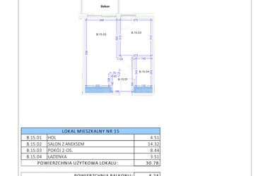 Rzut - Mieszkanie na sprzedaż 2 pokoje o powierzchni 30,78 m² - numer B.15 w Gaja Park