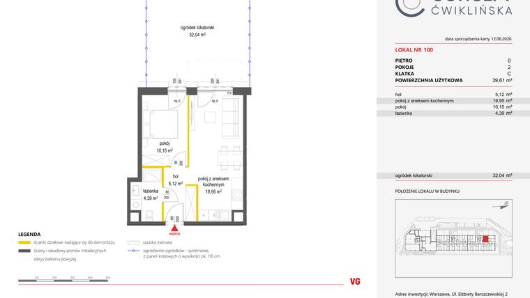 Rzut - Mieszkanie na sprzedaż 2 pokoje o powierzchni 39,61 m² - numer 100 w Concept Ćwiklińska