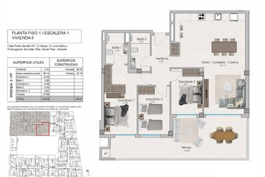 Rzut - Mieszkanie na sprzedaż 3 pokoje o powierzchni 126,61 m² - numer 1-5 w Apartamenty w Santa Pola - 92373724