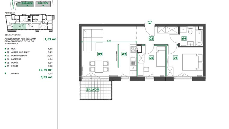 Rzut - Mieszkanie na sprzedaż 3 pokoje o powierzchni 55,43 m² - numer A.2.5 w Apartamenty Pszczyńska