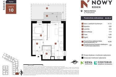 Rzut - Mieszkanie na sprzedaż 2 pokoje o powierzchni 44,38 m² - numer A10 w Nowy Reden