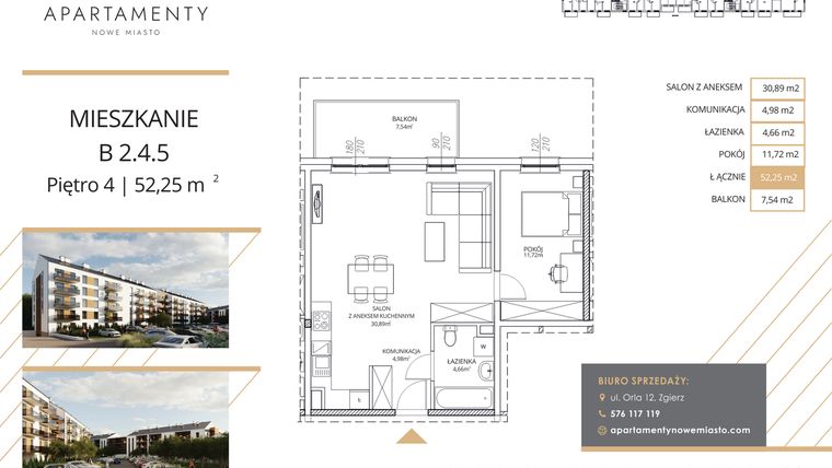 Rzut - Mieszkanie na sprzedaż 2 pokoje o powierzchni 52,25 m² - numer B2.4.5 w Apartamenty Nowe Miasto