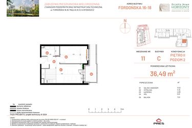 Rzut - Mieszkanie na sprzedaż 2 pokoje o powierzchni 36,49 m² - numer 18.11 w Osiedle Nowe Horyzonty etap II