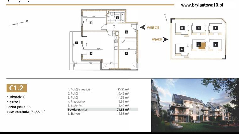 Rzut - Mieszkanie na sprzedaż 3 pokoje o powierzchni 71,88 m² - numer C1.2 w Brylantowa 10