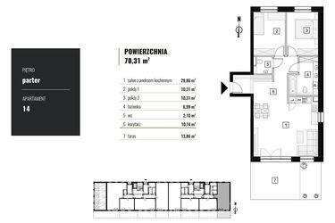 Rzut - Mieszkanie na sprzedaż 3 pokoje o powierzchni 70,31 m² - numer M.14 w Zielony Horyzont II