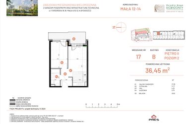 Rzut - Mieszkanie na sprzedaż 2 pokoje o powierzchni 36,45 m² - numer 12.17 w Osiedle Nowe Horyzonty etap III
