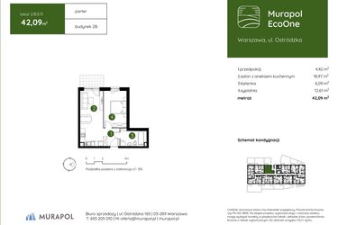 Rzut - Mieszkanie na sprzedaż 2 pokoje o powierzchni 42,09 m² - numer 2.B.0.11 w Murapol EcoOne