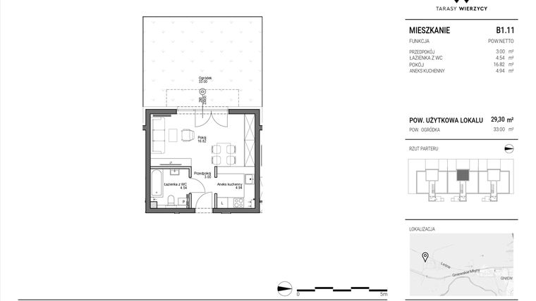 Rzut - Mieszkanie na sprzedaż 1 pokój o powierzchni 29,3 m² - numer B1.11 w Tarasy Wierzycy