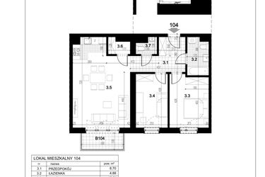Rzut - Mieszkanie na sprzedaż 3 pokoje o powierzchni 72,64 m² - numer C.104 w Przewóz 4