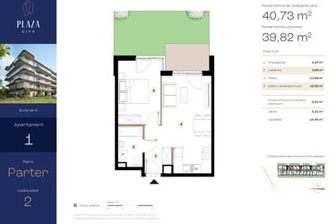 Rzut - Mieszkanie na sprzedaż 2 pokoje o powierzchni 40,73 m² - numer B6M1 w Plaza City