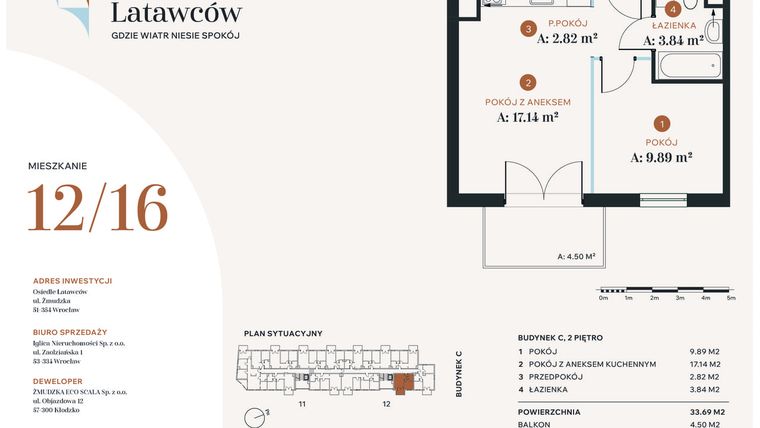 Rzut - Mieszkanie na sprzedaż 2 pokoje o powierzchni 33,69 m² - numer C12-16 w Osiedle Latawców