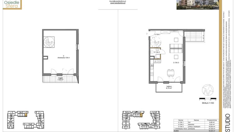 Rzut - Mieszkanie na sprzedaż 1 pokój o powierzchni 93,68 m² - numer 134 w Osiedle Sfera etap II