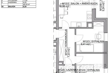 Rzut - Mieszkanie na sprzedaż 3 pokoje o powierzchni 49,33 m² - numer 12 w Kamienica Warszawska 34