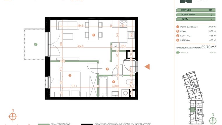 Rzut - Mieszkanie na sprzedaż 2 pokoje o powierzchni 39,7 m² - numer M.03.05 w Casa Feliz Portowa II