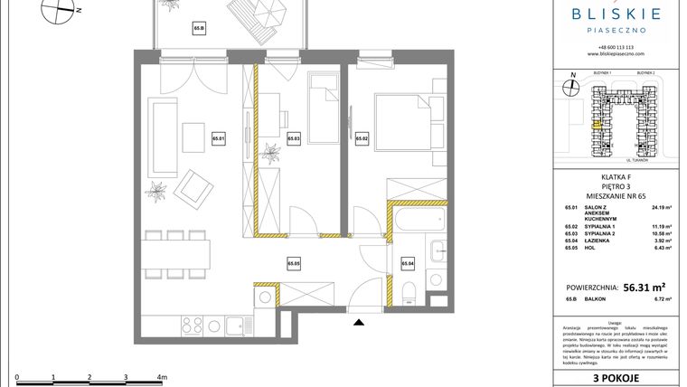 Rzut - Mieszkanie na sprzedaż 3 pokoje o powierzchni 56,31 m² - numer 65 w Bliskie Piaseczno 2