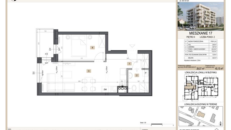 Rzut - Mieszkanie na sprzedaż 2 pokoje o powierzchni 40,15 m² - numer M17 w Nova Leszczyńska