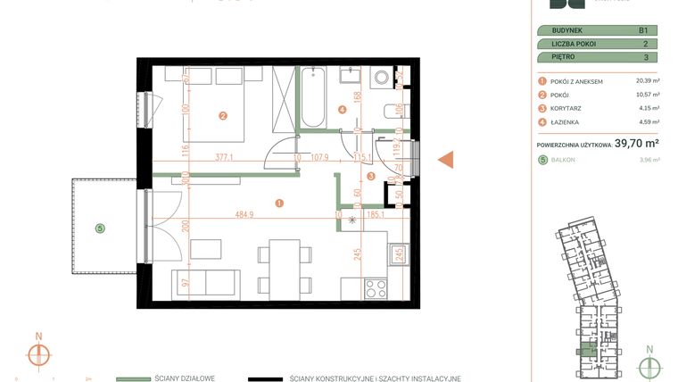Rzut - Mieszkanie na sprzedaż 2 pokoje o powierzchni 39,7 m² - numer M.03.04 w Casa Feliz Portowa II