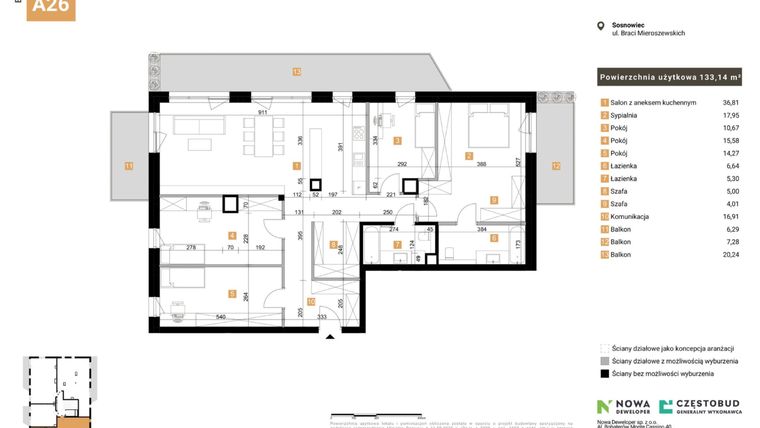 Rzut - Mieszkanie na sprzedaż 5 pokoi o powierzchni 133,14 m² - numer 26 w Nowy Sosnowiec