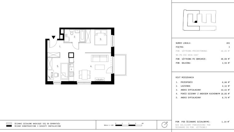 Rzut - Mieszkanie na sprzedaż 1 pokój o powierzchni 48,85 m² - numer 1.A32-281 w Jurowiecka 22