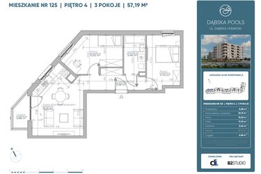 Rzut - Mieszkanie na sprzedaż 3 pokoje o powierzchni 57,18 m² - numer 125 w Dąbska Pools