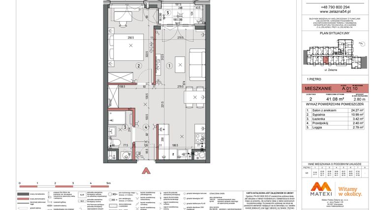 Rzut - Mieszkanie na sprzedaż 2 pokoje o powierzchni 40,94 m² - numer A.01.10 w Żelazna 54