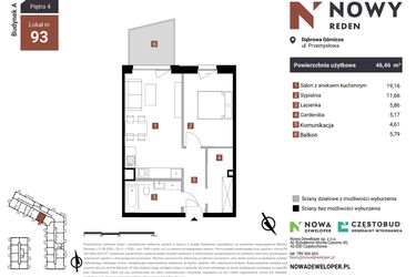 Rzut - Mieszkanie na sprzedaż 2 pokoje o powierzchni 46,46 m² - numer A93-I w Nowy Reden
