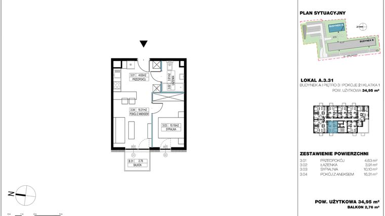 Rzut - Mieszkanie na sprzedaż 2 pokoje o powierzchni 35,44 m² - numer A.3.31 w Jabłonova