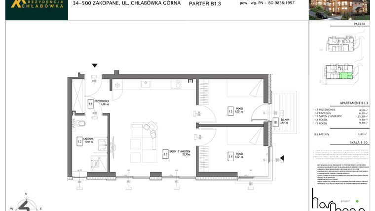 Rzut - Mieszkanie na sprzedaż 3 pokoje o powierzchni 54,3 m² - numer B1.3 w Rezydencja Chłabówka