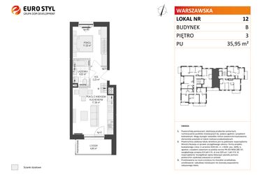 Rzut - Mieszkanie na sprzedaż 2 pokoje o powierzchni 35,95 m² - numer B.12 w Osiedle Warszawska etap III
