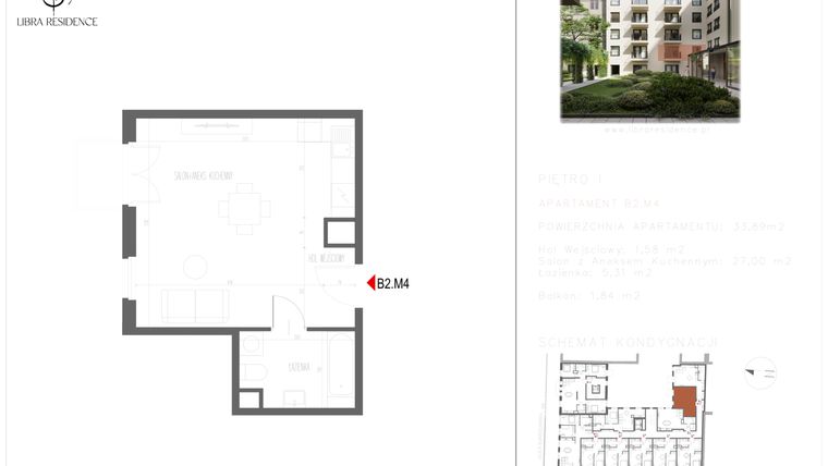 Rzut - Mieszkanie na sprzedaż 1 pokój o powierzchni 33,69 m² - numer B2.M4 w Libra Residence
