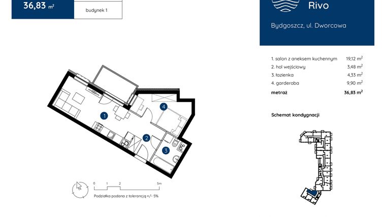Rzut - Mieszkanie na sprzedaż 1 pokój o powierzchni 36,83 m² - numer 1.A.2.04 w Murapol Rivo
