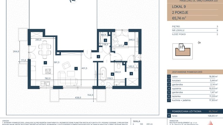 Rzut - Mieszkanie na sprzedaż 2 pokoje o powierzchni 65,09 m² - numer 9 w Classy Świętojańska