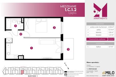 Rzut - Mieszkanie na sprzedaż 2 pokoje o powierzchni 41,53 m² - numer 1.C.1.2 w Maślice Wrocław Milo Dobry Deweloper etap IV