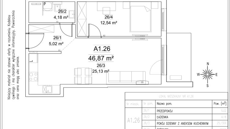 Rzut - Mieszkanie na sprzedaż 2 pokoje o powierzchni 46,87 m² - numer A1.26 w FORTnatura