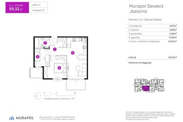 Rzut - Mieszkanie na sprzedaż 2 pokoje o powierzchni 50,32 m² - numer 27.A.2.5 w Murapol Siewierz Jeziorna bud. 27 i 28