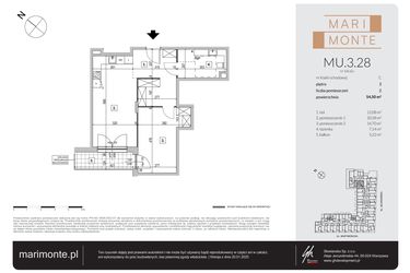 Rzut - Mieszkanie na sprzedaż 2 pokoje o powierzchni 54,5 m² - numer MU.3.28 w Marimonte - apartamenty inwestycyjne