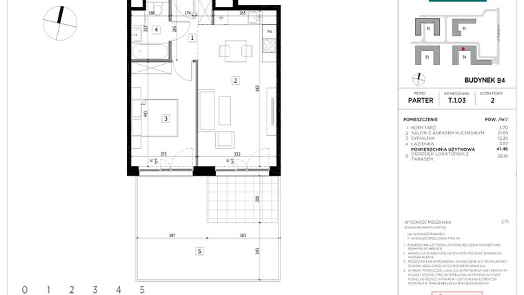 Rzut - Mieszkanie na sprzedaż 2 pokoje o powierzchni 41,46 m² - numer T.1.03 w CityFlow etap II