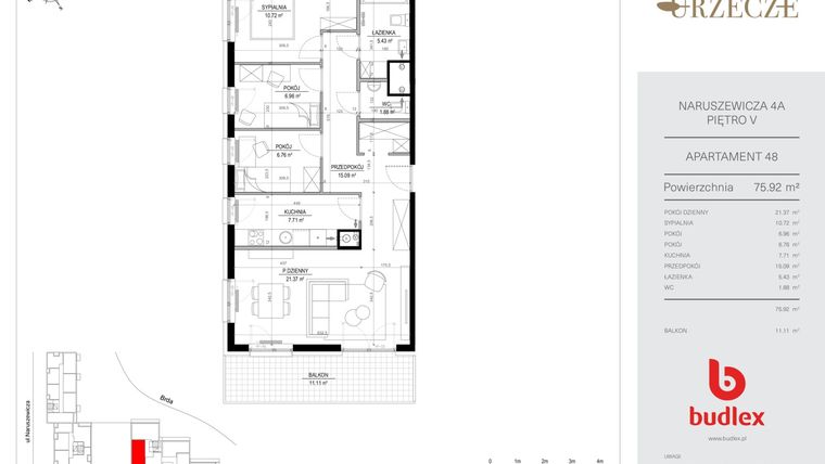 Rzut - Mieszkanie na sprzedaż 4 pokoje o powierzchni 76,34 m² - numer 4A.48 w Urzecze