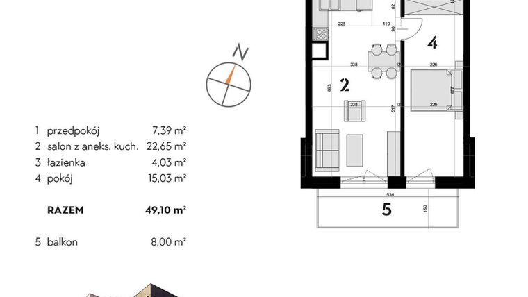 Rzut - Mieszkanie na sprzedaż 2 pokoje o powierzchni 49,1 m² - numer OK-23 w OKI DOKI