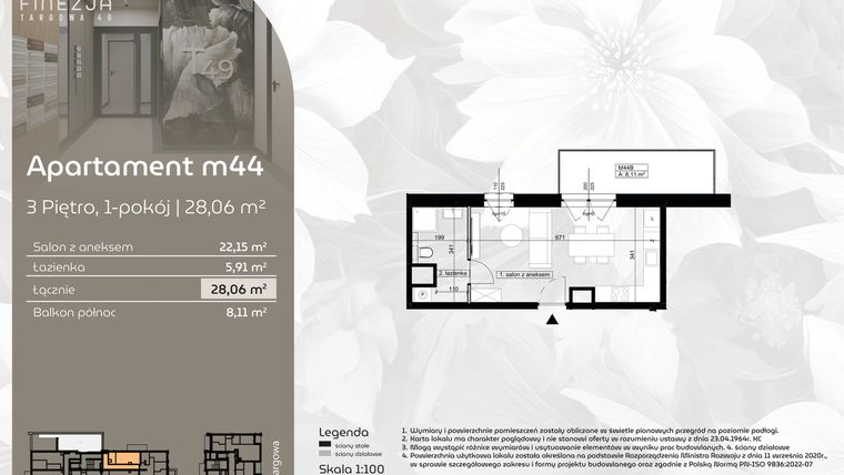 Rzut - Mieszkanie na sprzedaż 1 pokój o powierzchni 28,06 m² - numer M44 w Finezja Targowa 49
