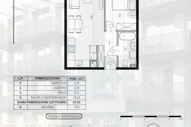 Rzut - Mieszkanie na sprzedaż 2 pokoje o powierzchni 37,61 m² - numer 26 w Młody Straszyn Park VI - bud. B