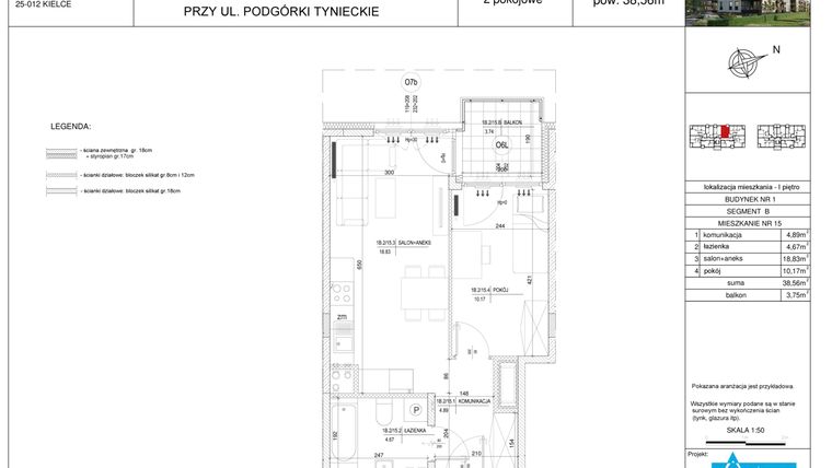 Rzut - Mieszkanie na sprzedaż 2 pokoje o powierzchni 38,56 m² - numer B15 w Podgórki Tynieckie