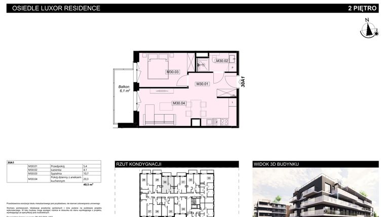 Rzut - Mieszkanie na sprzedaż 2 pokoje o powierzchni 40,5 m² - numer A1.30 w Luxor Residence