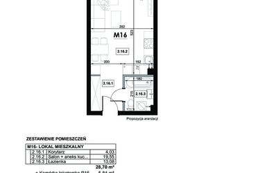 Rzut - Mieszkanie na sprzedaż 1 pokój o powierzchni 28,7 m² - numer M16 w Miejska Premium II