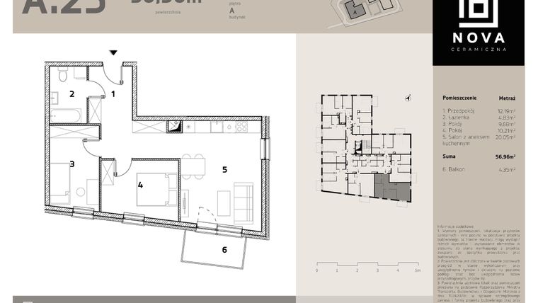 Rzut - Mieszkanie na sprzedaż 3 pokoje o powierzchni 56,96 m² - numer A25 w Nova Ceramiczna