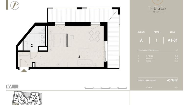 Rzut - Mieszkanie na sprzedaż 1 pokój o powierzchni 45,99 m² - numer A1-01 w The Sea Resort Międzyzdroje