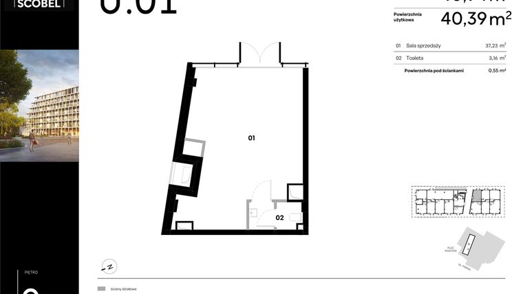 Rzut - Lokal użytkowy na sprzedaż 1 pokój o powierzchni 40,94 m² - numer U.01 w Browar HUGO SCOBEL