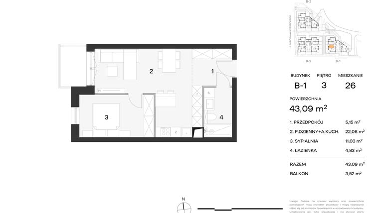 Rzut - Mieszkanie na sprzedaż 2 pokoje o powierzchni 43,09 m² - numer 26 w Koncertowa Dolina
